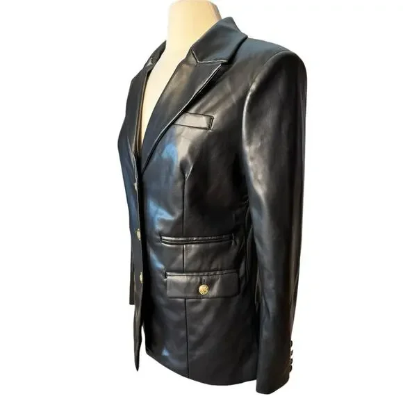 7 For All Mankind Faux Leather Black Blazer Women's Medium Gold Buttons - Picture 3 of 8